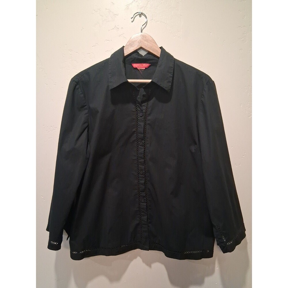 Sunny‎ Leigh Stretch Wmns Est Sz L Black Long Slv Button Up Crochet Trim Detail